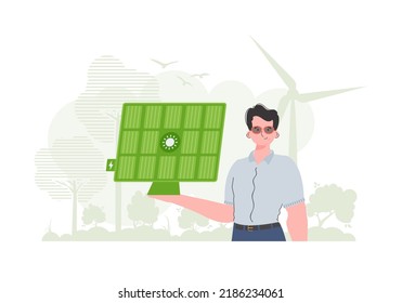 Eco energy concept. A man holds a solar panel in his hand. Vector. trendy style.