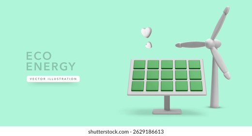 Eco Energy Concept With Solar Panel, Wind Turbine, and Heart Symbols. Clean Power and Renewable Technology in 3D Cartoon Style. Minimal Background. Vector Illustration.