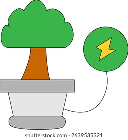Eco Energy Concept Vector Illustration of Tree Generating Electricity in Pot, Symbolizing Green Power and Sustainability
