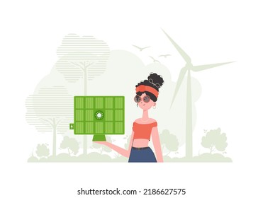 Eco energy concept. A woman holds a solar panel in her hand. Vector illustration.
