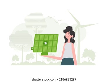 Eco energy concept. A woman holds a solar panel in her hand. trendy style. Vector illustration.