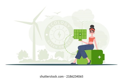 Eco energy concept. A woman sits on a battery and holds a solar panel in her hands. trendy style. Vector illustration.