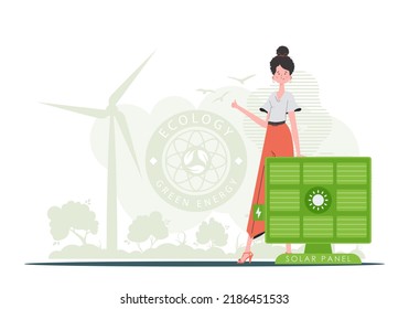 Eco energy concept. A woman is standing near a solar panel. Vector illustration.