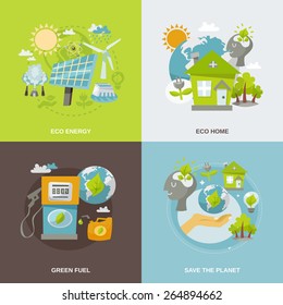 Eco energy design concept set with green fuel planet home flat icons isolated vector illustration