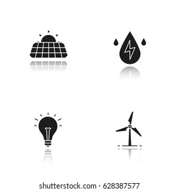 Eco energy drop shadow black icons set. Solar panels, windmill, water energy, light bulb. Isolated vector illustrations