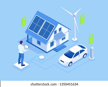 Eco Energy And Ecology Concept. Green Energy An Eco Friendly Modern House. Renewable Energy Solar And Wind Power Generation.