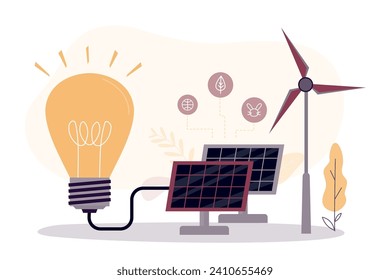 Eco energy and ecology concept. Sustainable development with wind turbines, light bulb, solar panels and batteries, environmental protection. Sustainable ecological power generation. flat vector 