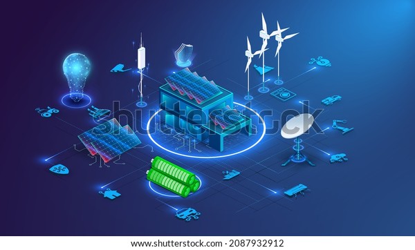 Eco energy and Ecology concept. Sustainable
development concept with wind turbines, light bulb, light, solar
panels and batteries, environmental protection. Sustainable
ecological power
generation.