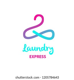 Eco, energy efficiency business washhouse. Freehand drawn template creative laundry logotype, label, badge. Line image with abstract  hanger, infinity sign. Self-service espress laundry logo.

