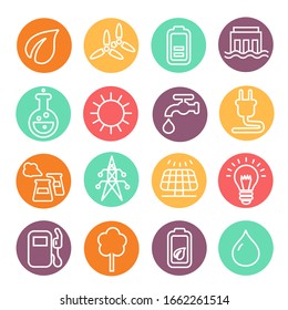 Eco energy and electricity icon set in thin line style. Natural renewable energy technologies such as solar, wind, water heat.