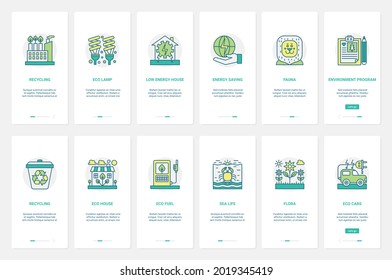 Eco energy, environmental protection technology vector illustration. UX, UI onboarding mobile app page screen set with line global program to protect world wild nature, garbage trash recycling
