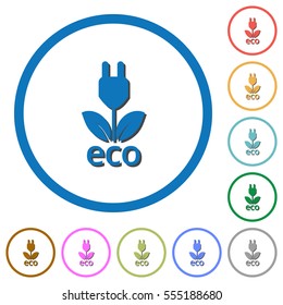 Eco energy flat color vector icons with shadows in round outlines on white background