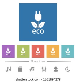 Eco energy flat white icons in square backgrounds. 6 bonus icons included.