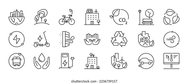Eco energy friendly city icons set. Concept of energy efficient city with green energy symbols isolated on white background. Vector EPS 10