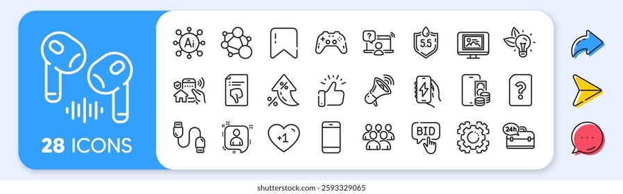Eco energy, Gamepad and Online question line icons. Interest rate, AI generate, Inflation icons. Pack of House security, Group, Developers chat icon. Phone pay, Seo gear, Headphone pictogram. Vector
