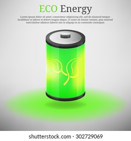 Eco energy. Green eco battery. Vector illustration of green eco battery icon. Shine battery icon.
