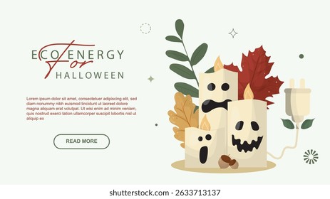 Eco Energy Halloween Banner with Sustainable Candle Decor. Environmental web banner featuring ghost-faced candles, promoting eco-friendly Halloween celebrations with enewable energy theme. Vector