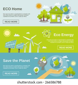 Eco energy horizontal banner set with green home planet flat elements isolated vector illustration