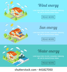 Eco energy horizontal banner set with low-energy houses. Wind turbine, solar panels and hydro power plant .For web design, mobile and application interface, also useful for infographics.