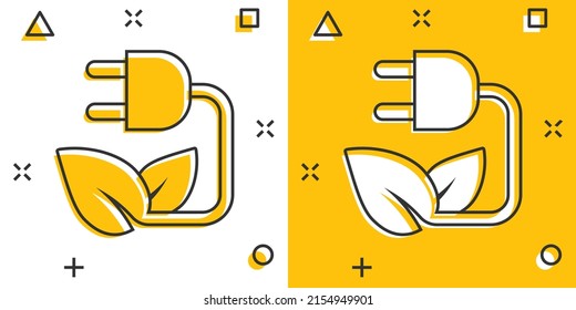 Eco energy icon in comic style. Leaf plug cartoon vector illustration on white isolated background. Electrician splash effect sign business concept.
