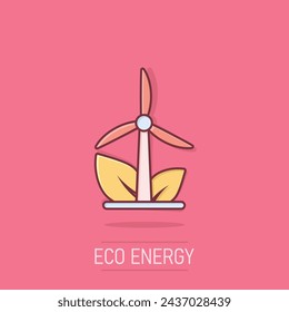 Eco energy icon in comic style. Leaf wind power plant cartoon vector illustration on isolated background. Electrician splash effect sign business concept.