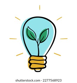 Icono de energía ecológica, lámpara creativa, bombilla de luz. Ilustración al estilo doodle. Vector