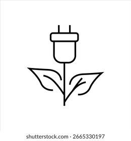 Öko-Energie-Symbol mit Strom-Stecker, der aus Kraftwerken wächst und erneuerbare Energien, grüne Technologie, nachhaltige Elektrizität und saubere Energieerzeugung symbolisiert.