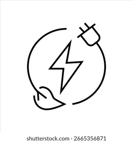 Eco energy icon with lightning bolt, plug, and leaf, symbolizing renewable electricity, green power, and sustainable energy technology.