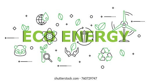 Eco Energy with Icon Set in Concept of Ecology and Green Energy . Flat Thin line designed vector illustration on white Background. Editable Stroke.