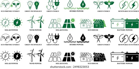 Eco Energy icon set. Environment, Eco friendly set of icon in fill and line style. Editable Colorful Nature icons set isolated on white background.