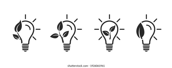 eco energy icon set. light bulb and leaf. environment, ecology, eco friendly and sustainable energy symbols. isolated vector images
