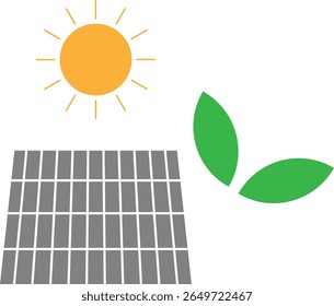 Icono de energía ecológica con panel solar, sol y hojas verdes
