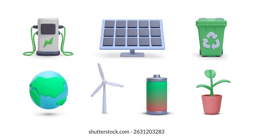 Eco Energy Icons Featuring Charging Station, Solar Panel, Recycling Bin, Wind Turbine, Battery, Earth, And Plant In 3D Minimal Style. Clean Green Future Concept. Vector Illustration