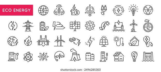 Eco energy icons. Large set of eco energy trendy minimal icons. Globe, Solar Panel, Wind Turbine, Electric Plug icon. Design signs for web page, mobile app, packaging design. Vector illustration