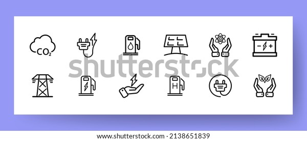Eco energy icons set. Electric charging, energy\
storage, natural energy and carbon dioxide icons. The concept of\
caring for nature. Vector EPS\
10.