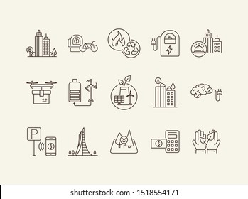 Eco energy icons. Set of line icons. Brain with plug, forest, calculator with banknote. Alternative energy concept. Vector illustration can be used for topics like environment, ecology, technology