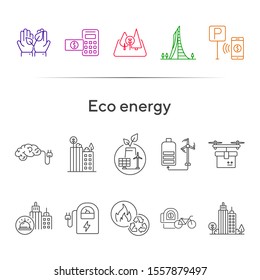 Eco energy icons. Set of line icons. Brain with plug, forest, calculator with banknote. Alternative energy concept. Vector illustration can be used for topics like environment, ecology, technology