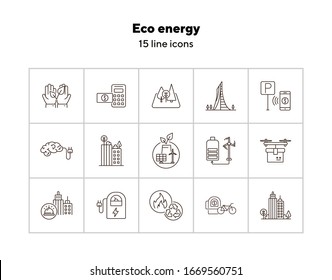 Eco energy icons. Set of line icons. Brain with plug, forest, calculator with banknote. Alternative energy concept. Vector illustration can be used for topics like environment, ecology, technology