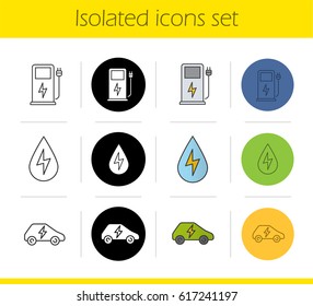 Eco energy icons set. Linear, black and color styles. Electric car, gas station, water energy. Isolated vector illustrations