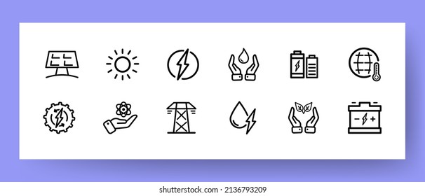 Iconos de energía ecológica. Reciclaje de energía y generación de energía de cocción solar y almacenamiento de energía con iconos. EPS vectorial 10.