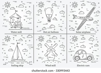 Eco energy icons. Energy sun, wind and water. Vector.