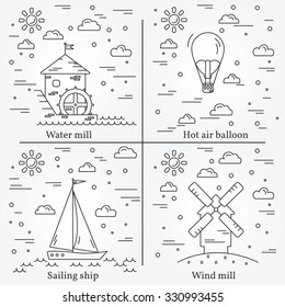 Eco energy icons. Energy wind and water. Vector.