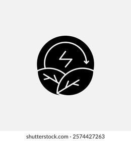 Eco energy with leaf and looping arrow icon glyph, free energy, ecology, renewable and green energy concept. Solid black icon.