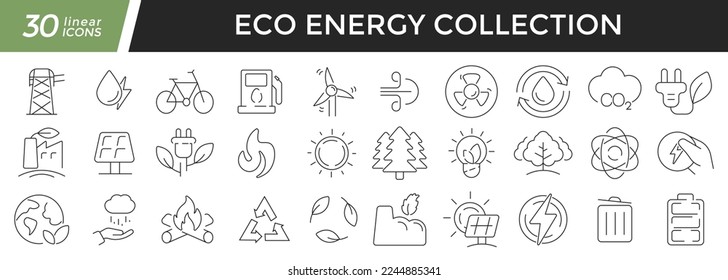 Eco energy linear icons set. Collection of 30 icons in black