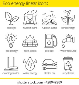 Eco energy linear icons set. Electric car, nuclear plant, rubbish dump, wind power, solar panels, green energy, water resource, bio fuel, cleaning service. Thin line. Isolated vector illustrations