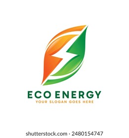 Eco Energy logo design. Abstract Green leaf combined with lightning logo concept. Creative environment logo idea.