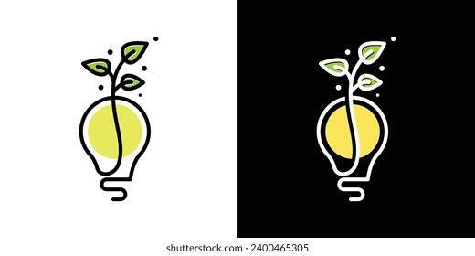 Eco Energy Logo Design. Light Bulb and Plant with Lineart Outline Minimalist Style. Creative Eco Solution. Icon Symbol Logo Design Template.
