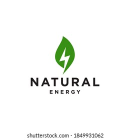 logotipo de energía ecológica ilustración de icono, logotipo de potencia natural con hoja y símbolo de relámpago 