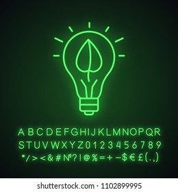 Eco energy neon light icon. Lightbulb with plant leaf. Glowing sign with alphabet, numbers and symbols. Vector isolated illustration