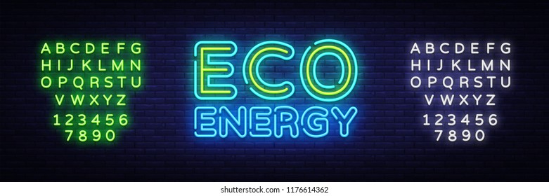 Eco Energy Neon Logo Vector. Green Energy neon sign, design template, modern trend design, night neon signboard, night bright advertising, light banner, light art. Vector. Editing text neon sign